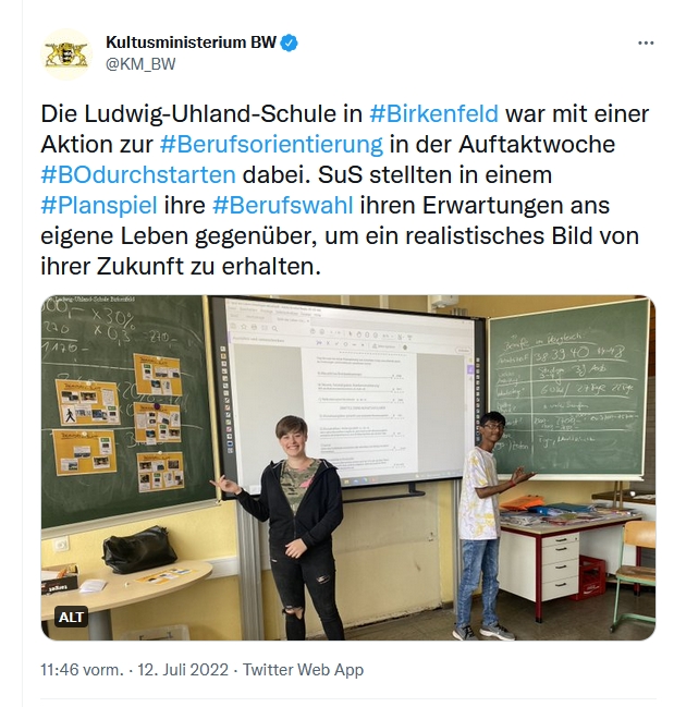 Unsere Berufsvorbereitung im Kultusministerium auf Twitter